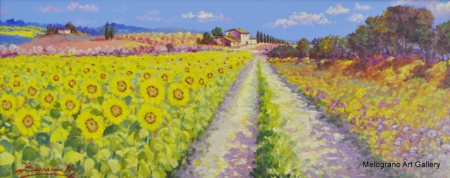 Quadro del pittore livornese Mario Bencini con girasoli nella campagna toscana