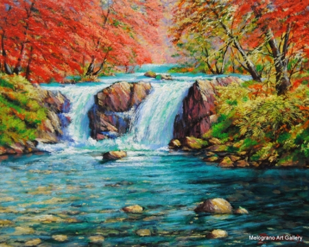 Quadro del pittore livornese Mario Bencini , una cascata romantica nel ruscello in mezzo al bosco