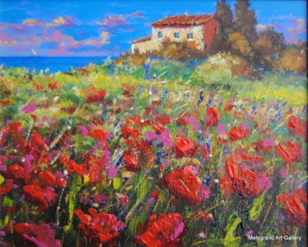 Quadro del pittore livornese Mario Bencini con papaveri nella campagna toscana