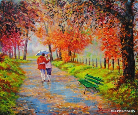 Quadro del pittore livornese Mario Bencini con una coppietta che passeggia fra gli alberi rossi dell'autunno
