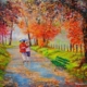 Quadro del pittore livornese Mario Bencini con una coppietta che passeggia fra gli alberi rossi dell'autunno