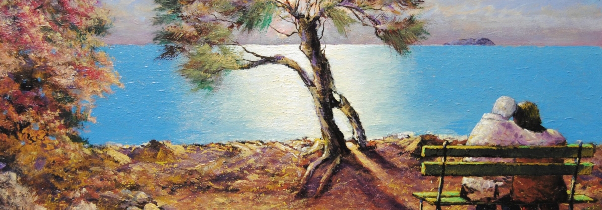 Quadro del pittore livornese Mario Bencini romantico, una coppietta sulla panchina guarda la luce sul mare