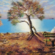 Mario Bencini in due sulla panchina Quadro del pittore livornese Mario Bencini romantico, una coppietta sulla panchina guarda la luce sul mare