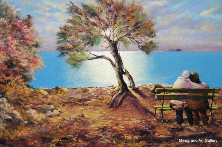 Quadro del pittore livornese Mario Bencini romantico, una coppietta sulla panchina guarda la luce sul mare