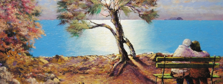 Quadro del pittore livornese Mario Bencini romantico, una coppietta sulla panchina guarda la luce sul mare