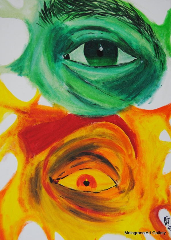 Tela Double Sight I di Matteo Torri, due occhi sovrapposti tra linee e colori pop