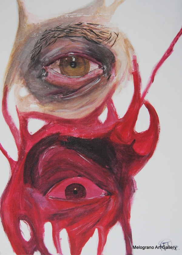 Tela Double Sight II di Matteo Torri, due occhi sovrapposti tra linee e colori pop