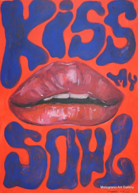 Tela Kiss My Soul di Matteo Torri, scritte rosse e blu con bocca rossa al centro