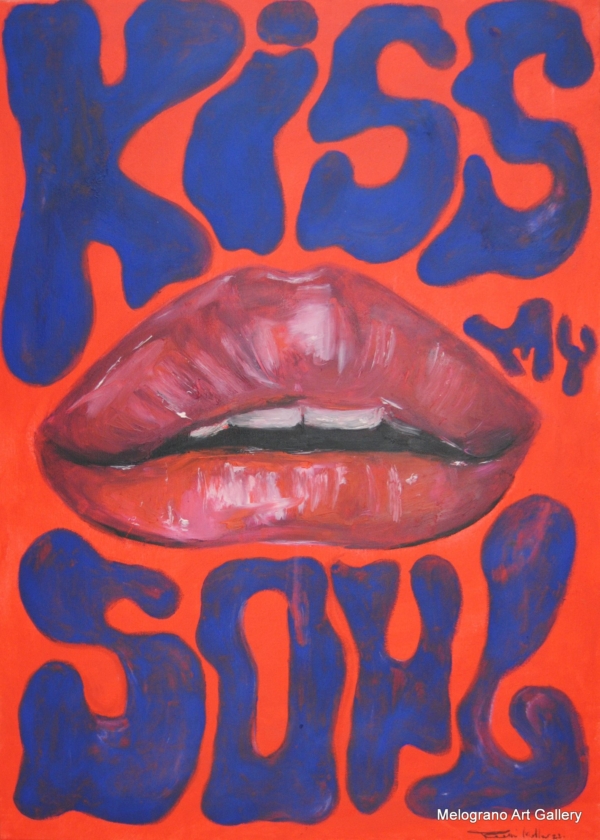 Tela Kiss My Soul di Matteo Torri, scritte rosse e blu con bocca rossa al centro