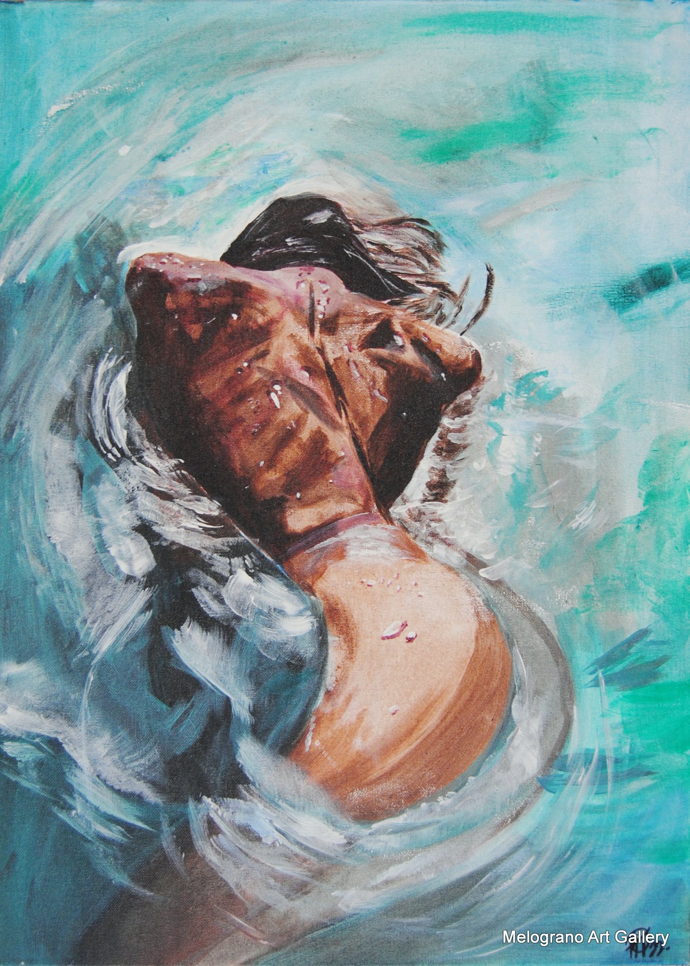 Dipinto Shoulders di Matteo Torri, figura femminile immersa nell’acqua in movimento armonico