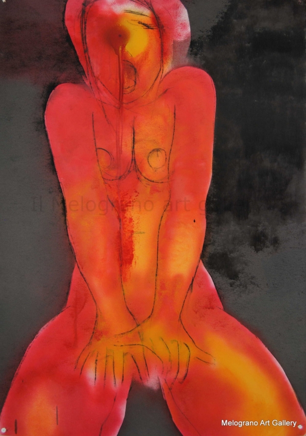 Dipinto di Maurizio Barraco raffigurante una donna nuda in posa malinconica e tragica, simbolo di fragilità e consapevolezza.