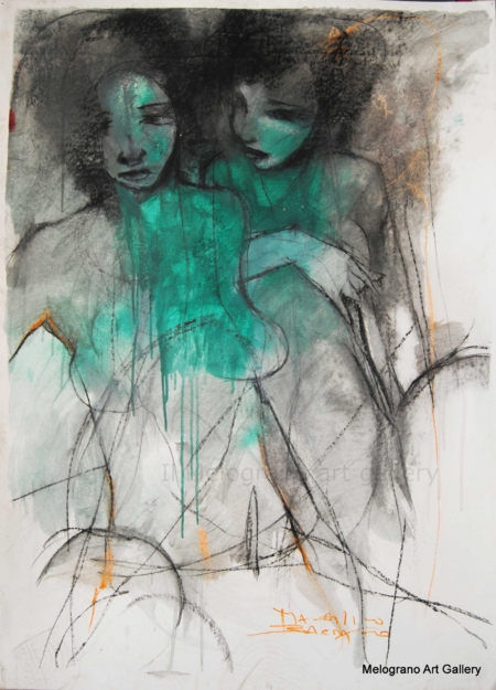 Dipinto di Maurizio Barraco raffigurante una donna nuda in posa malinconica e tragica, simbolo di fragilità e consapevolezza.