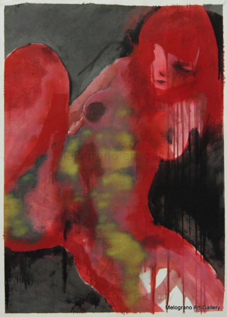 Dipinto di Maurizio Barraco raffigurante una donna nuda in posa malinconica e tragica, simbolo di fragilità e consapevolezza.