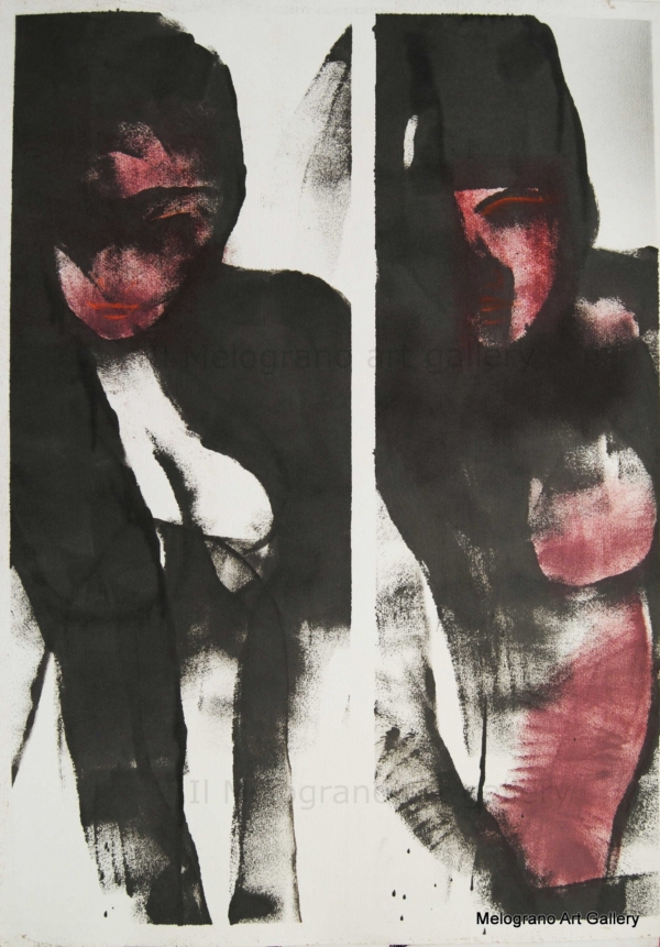 Dipinto di Maurizio Barraco raffigurante una donna nuda in posa malinconica e tragica, simbolo di fragilità e consapevolezza.