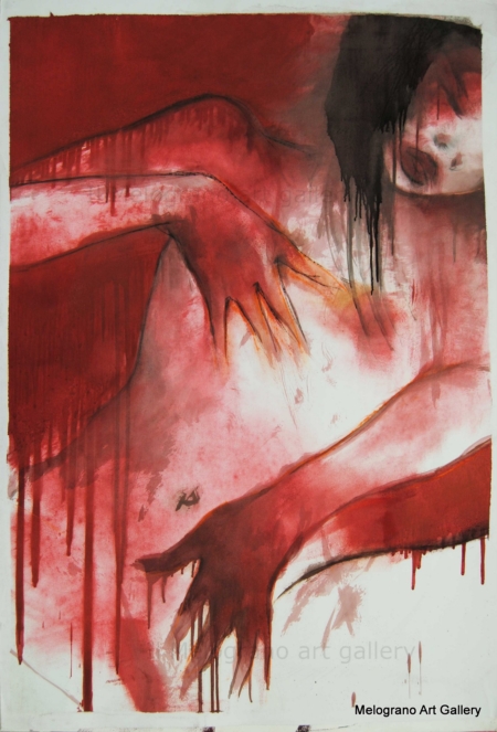 Dipinto di Maurizio Barraco raffigurante una donna nuda in posa malinconica e tragica, simbolo di fragilità e consapevolezza.