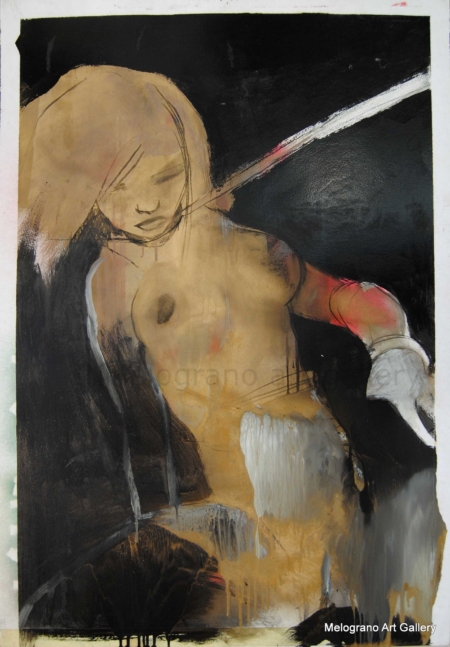 Dipinto di Maurizio Barraco raffigurante una donna nuda in posa malinconica e tragica, simbolo di fragilità e consapevolezza.