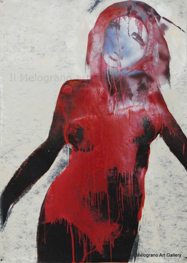 Dipinto di Maurizio Barraco raffigurante una donna nuda in posa malinconica e tragica, simbolo di fragilità e consapevolezza.