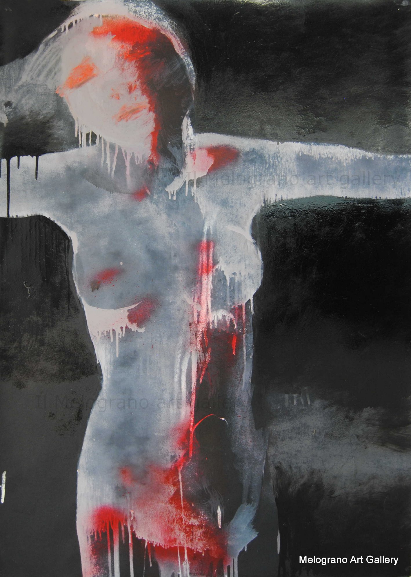 Dipinto di Maurizio Barraco raffigurante una donna nuda in posa malinconica e tragica, simbolo di fragilità e consapevolezza.