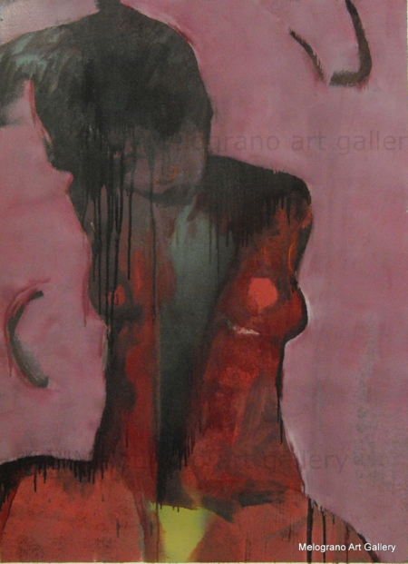 Dipinto di Maurizio Barraco raffigurante una donna nuda in posa malinconica e tragica, simbolo di fragilità e consapevolezza.