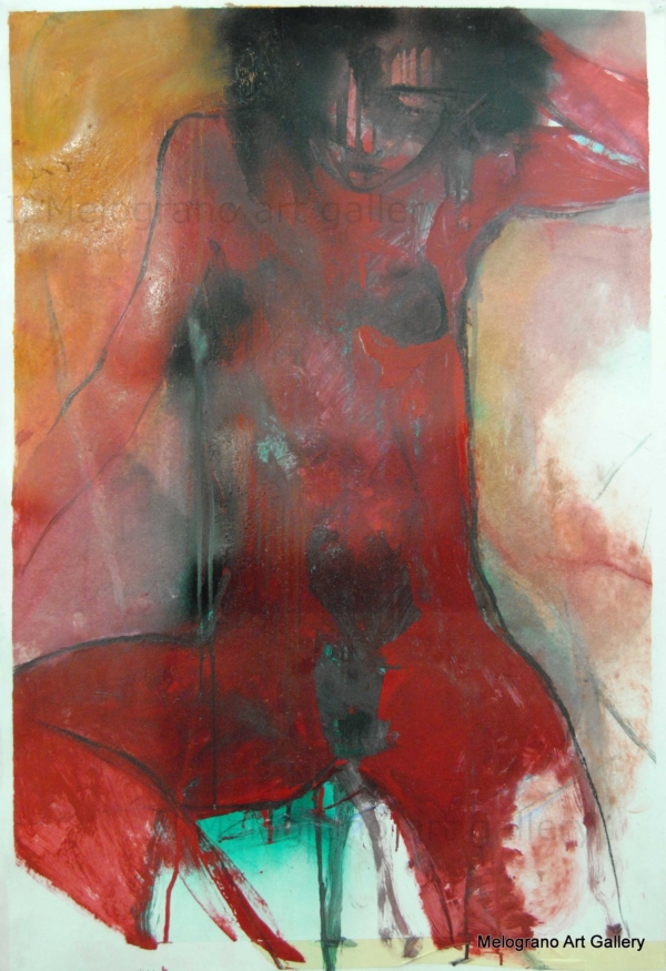 Dipinto di Maurizio Barraco raffigurante una donna nuda in posa malinconica e tragica, simbolo di fragilità e consapevolezza.