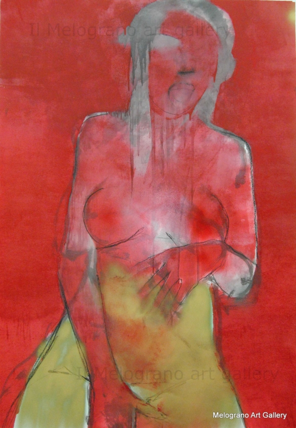 Dipinto di Maurizio Barraco raffigurante una donna nuda in posa malinconica e tragica, simbolo di fragilità e consapevolezza.