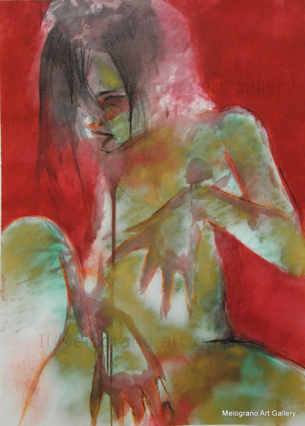 Dipinto di Maurizio Barraco raffigurante una donna nuda in posa malinconica e tragica, simbolo di fragilità e consapevolezza.