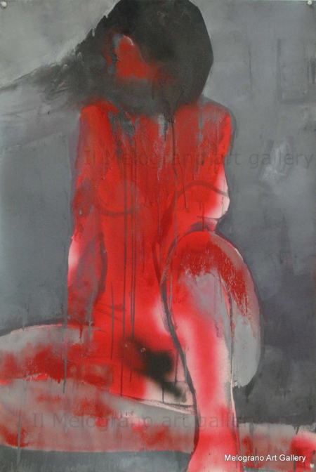 Dipinto di Maurizio Barraco raffigurante una donna nuda in posa malinconica e tragica, simbolo di fragilità e consapevolezza.