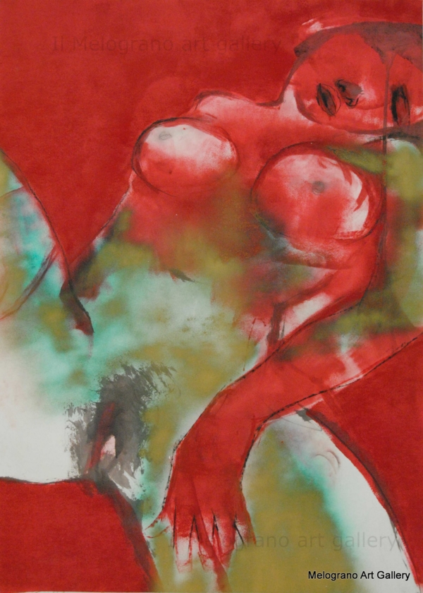 Dipinto di Maurizio Barraco raffigurante una donna nuda in posa malinconica e tragica, simbolo di fragilità e consapevolezza.