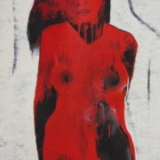 Dipinto di Maurizio Barraco raffigurante una donna nuda in posa malinconica e tragica, simbolo di fragilità e consapevolezza.