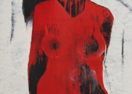 Dipinto di Maurizio Barraco raffigurante una donna nuda in posa malinconica e tragica, simbolo di fragilità e consapevolezza.