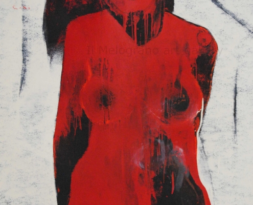 Dipinto di Maurizio Barraco raffigurante una donna nuda in posa malinconica e tragica, simbolo di fragilità e consapevolezza.