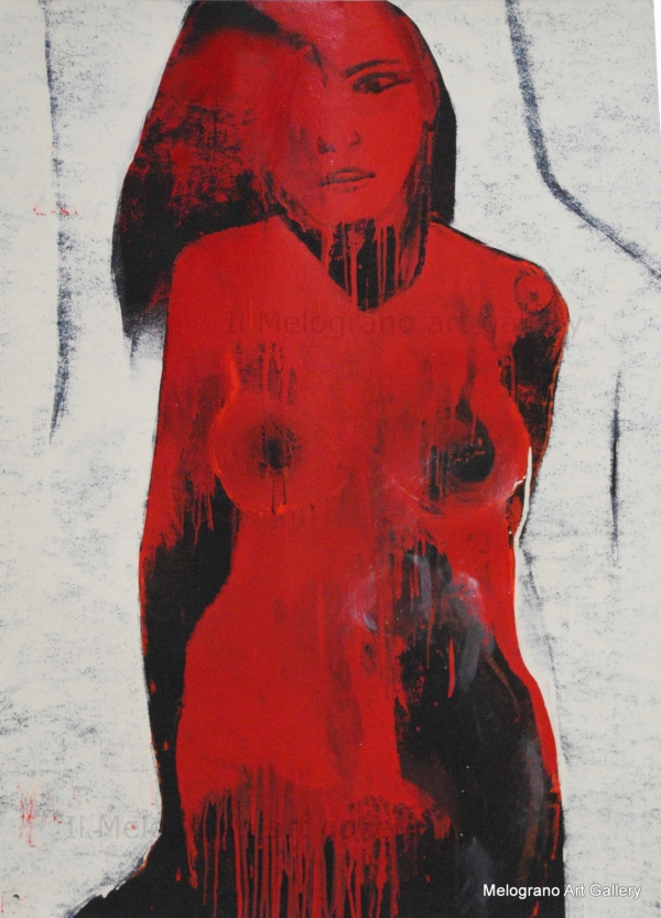 Dipinto di Maurizio Barraco raffigurante una donna nuda in posa malinconica e tragica, simbolo di fragilità e consapevolezza.