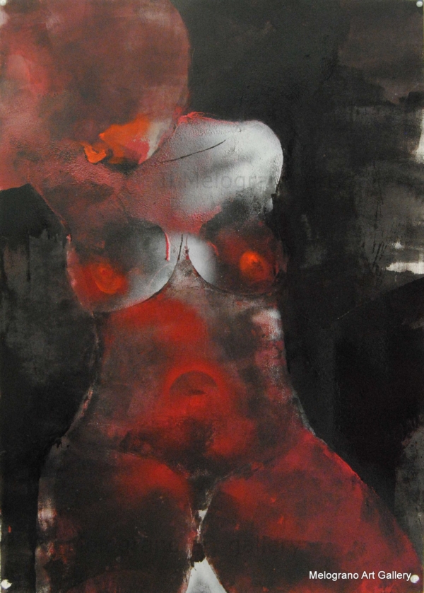 Dipinto di Maurizio Barraco raffigurante una donna nuda in posa malinconica e tragica, simbolo di fragilità e consapevolezza.