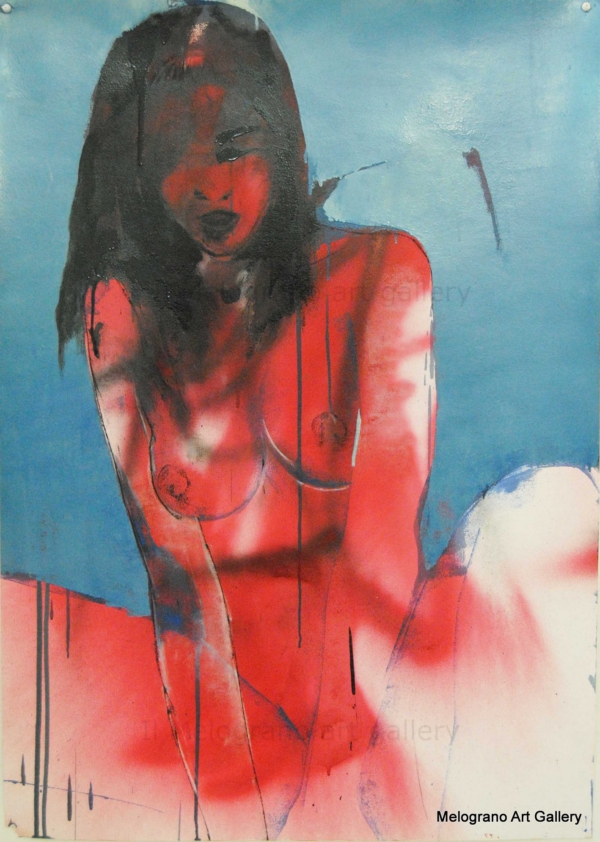 Dipinto di Maurizio Barraco raffigurante una donna nuda in posa malinconica e tragica, simbolo di fragilità e consapevolezza.