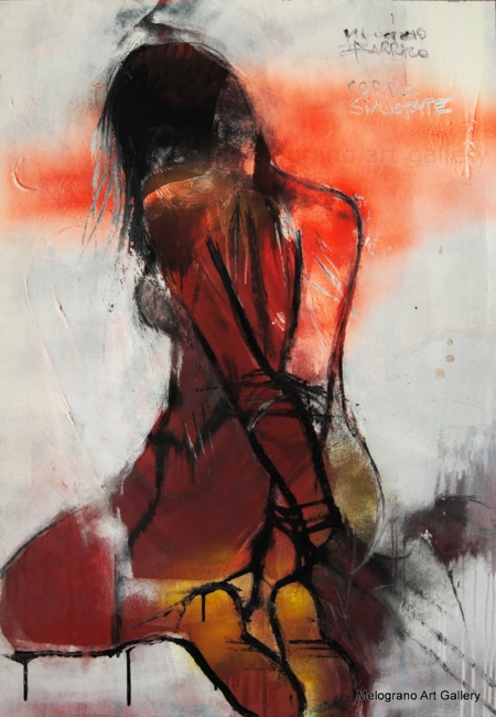 Dipinto di Maurizio Barraco raffigurante una donna nuda in posa malinconica e tragica, simbolo di fragilità e consapevolezza.
