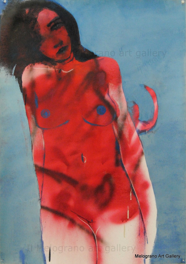 Dipinto di Maurizio Barraco raffigurante una donna nuda in posa malinconica e tragica, simbolo di fragilità e consapevolezza.