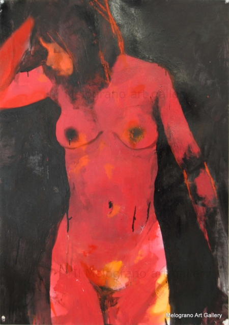 Dipinto di Maurizio Barraco raffigurante una donna nuda in posa malinconica e tragica, simbolo di fragilità e consapevolezza.