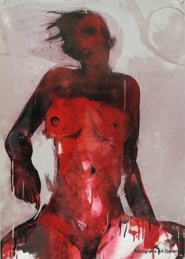 Dipinto di Maurizio Barraco raffigurante una donna nuda in posa malinconica e tragica, simbolo di fragilità e consapevolezza.