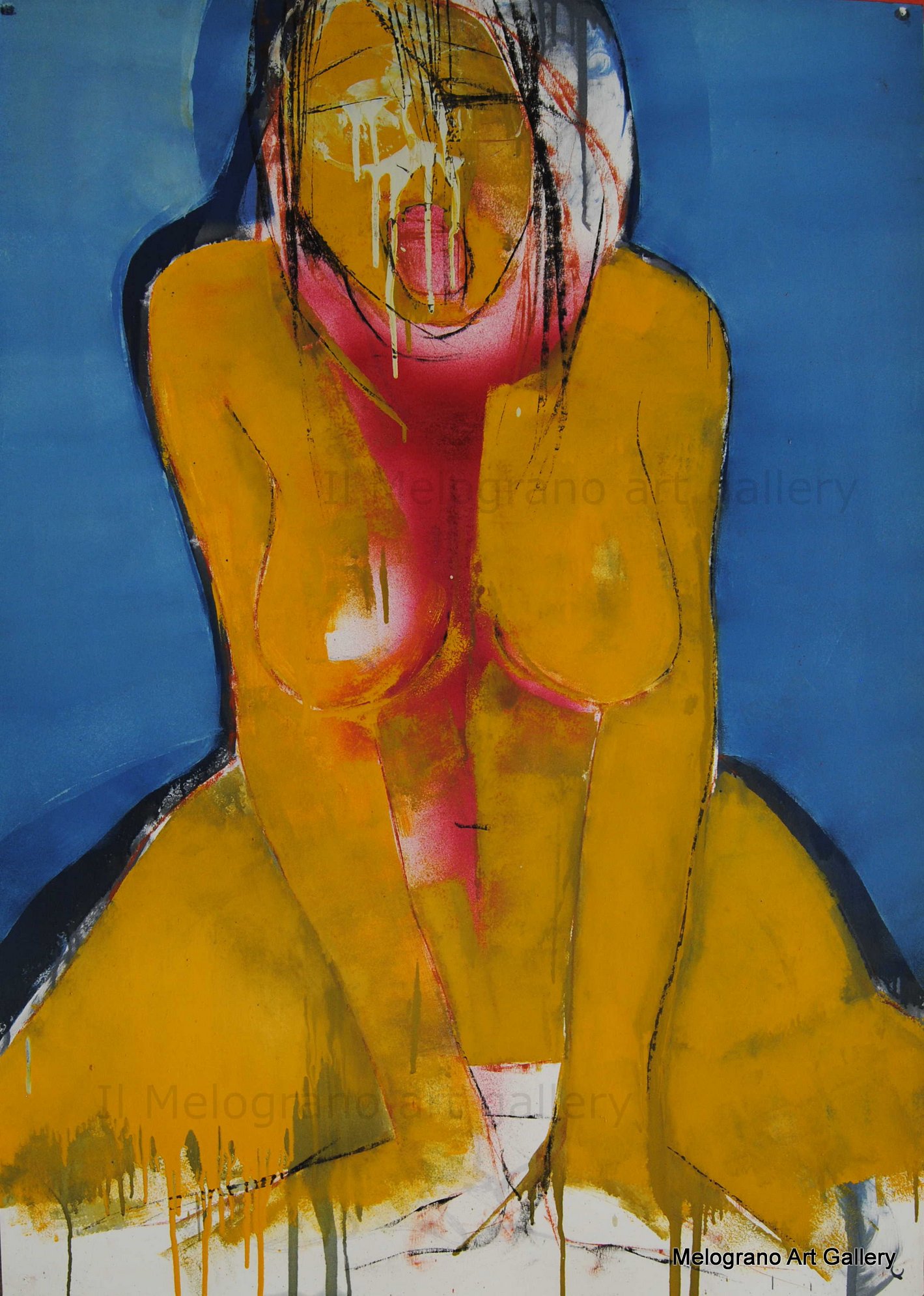 Dipinto di Maurizio Barraco raffigurante una donna nuda in posa malinconica e tragica, simbolo di fragilità e consapevolezza.