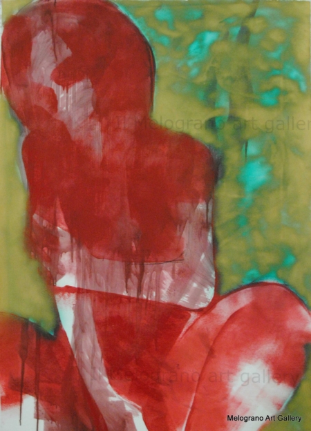 Dipinto di Maurizio Barraco raffigurante una donna nuda in posa malinconica e tragica, simbolo di fragilità e consapevolezza.