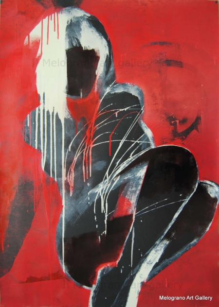 Dipinto di Maurizio Barraco raffigurante una donna nuda in posa malinconica e tragica, simbolo di fragilità e consapevolezza.