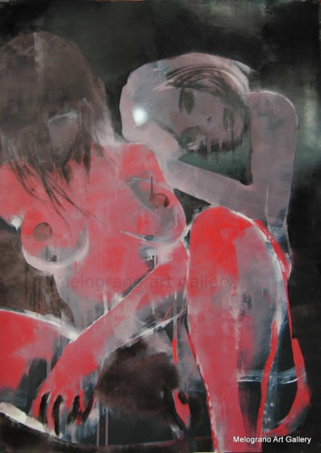 Dipinto di Maurizio Barraco raffigurante una donna nuda in posa malinconica e tragica, simbolo di fragilità e consapevolezza.