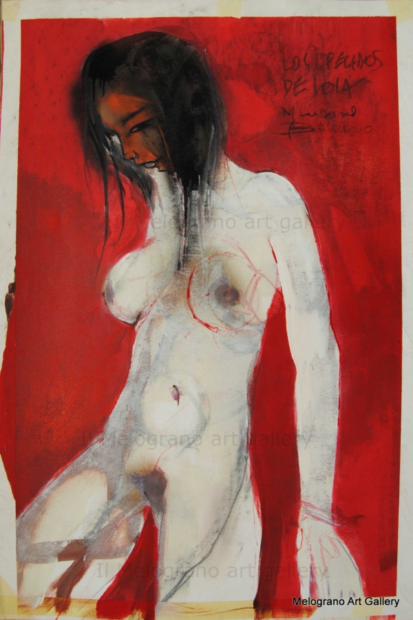 Dipinto di Maurizio Barraco raffigurante una donna nuda in posa malinconica e tragica, simbolo di fragilità e consapevolezza.