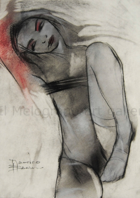 Le donne di Maurizio Barraco a carboncino e pastelli su carta. Sono nude, malinconiche, tragiche, simbolo di fragilità e consapevolezza.