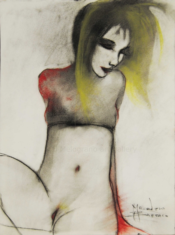 Le donne di Maurizio Barraco a carboncino e pastelli su carta. Sono nude, malinconiche, tragiche, simbolo di fragilità e consapevolezza.