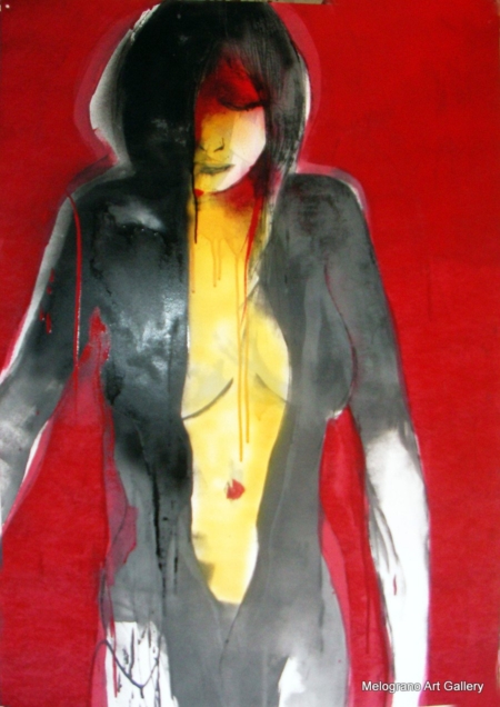 Dipinto di Maurizio Barraco raffigurante una donna nuda in posa malinconica e tragica, simbolo di fragilità e consapevolezza.