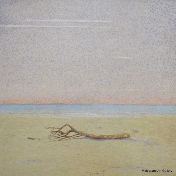 Quadro di Maurizio Pupilli, pittura puntinista, con un albero secco e riflessi rosati sul mare