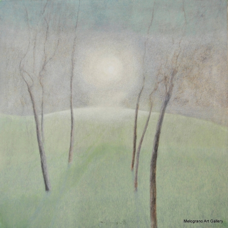 Quadro di Maurizio Pupilli, pittore puntinistra, con tronchi d'albero in controluce e un' alba