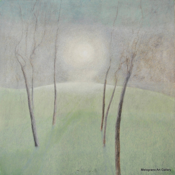 Quadro di Maurizio Pupilli, pittore puntinistra, con tronchi d'albero in controluce e un' alba