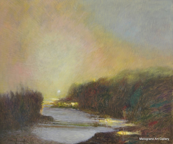 Quadro di Maurizio Pupilli, pittore livornese puntinista, con bagliori alla foce del fiume